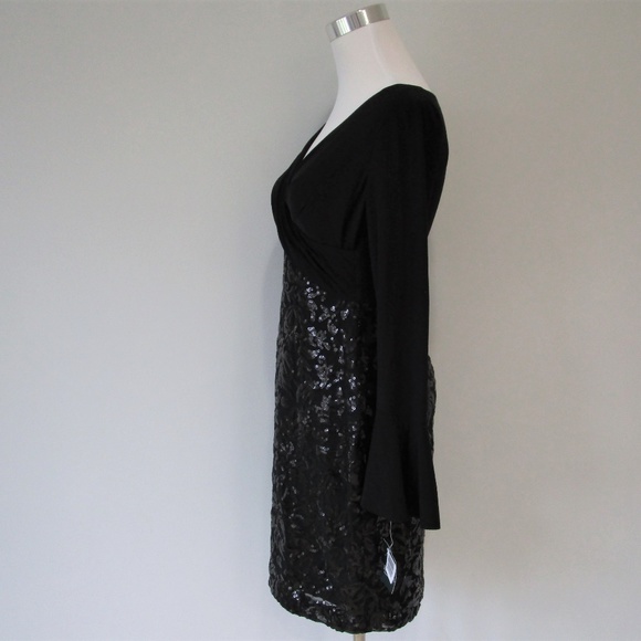 NWT Black Sequin Bell Sleeve Cocktail Midi Dress Size 2 Petite - Picture 6 of 8
